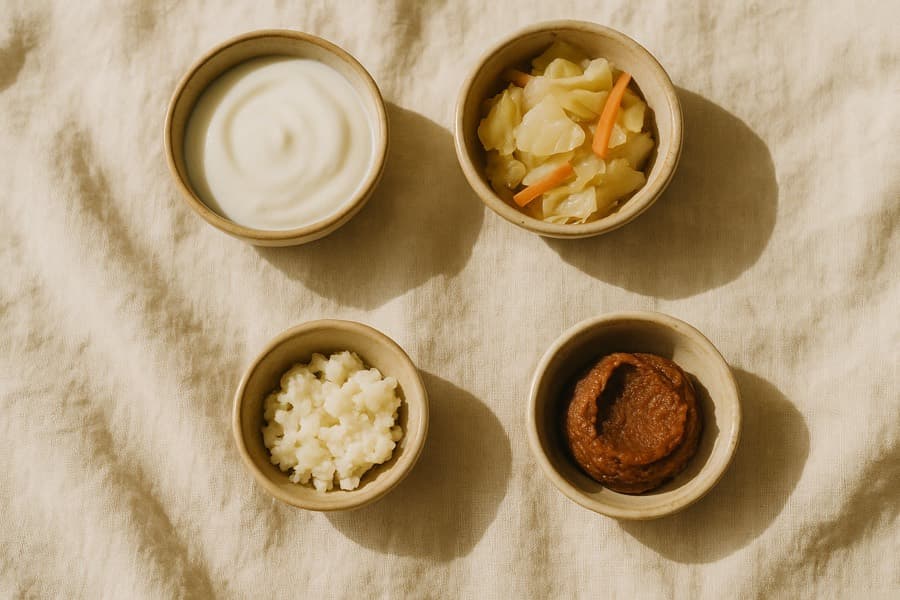 Iogurte, kefir e fermentados em tigelas de cerâmica