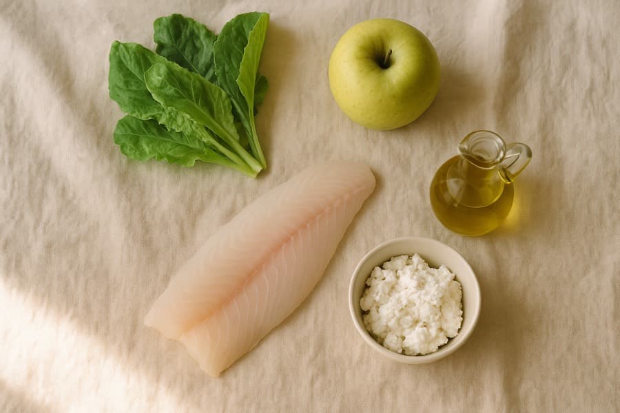 Peixe fresco, folhas verdes e maçã: alimentos frescos, não fermentados