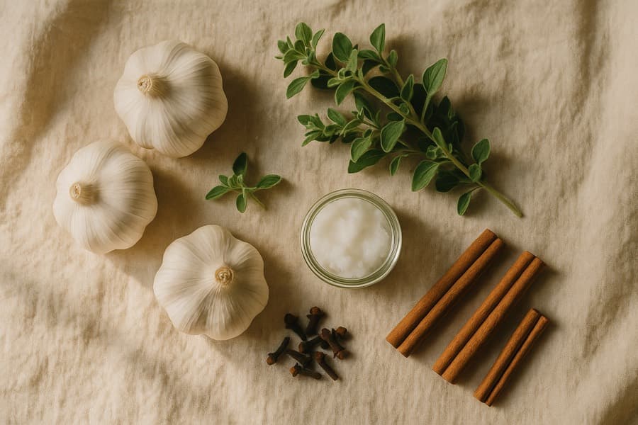 Alho, orégano, óleo de coco e canela