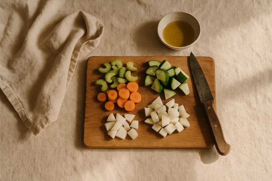 Tábua com legumes picados e azeite, cozinha do dia a dia