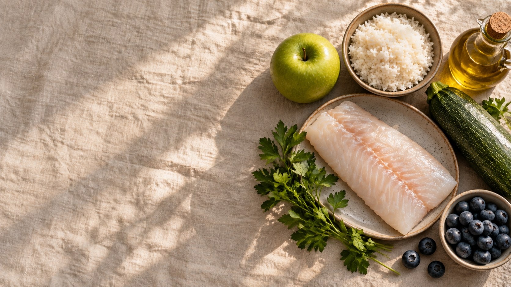 Filé de peixe fresco, maçã verde, arroz e salsinha sobre linho claro