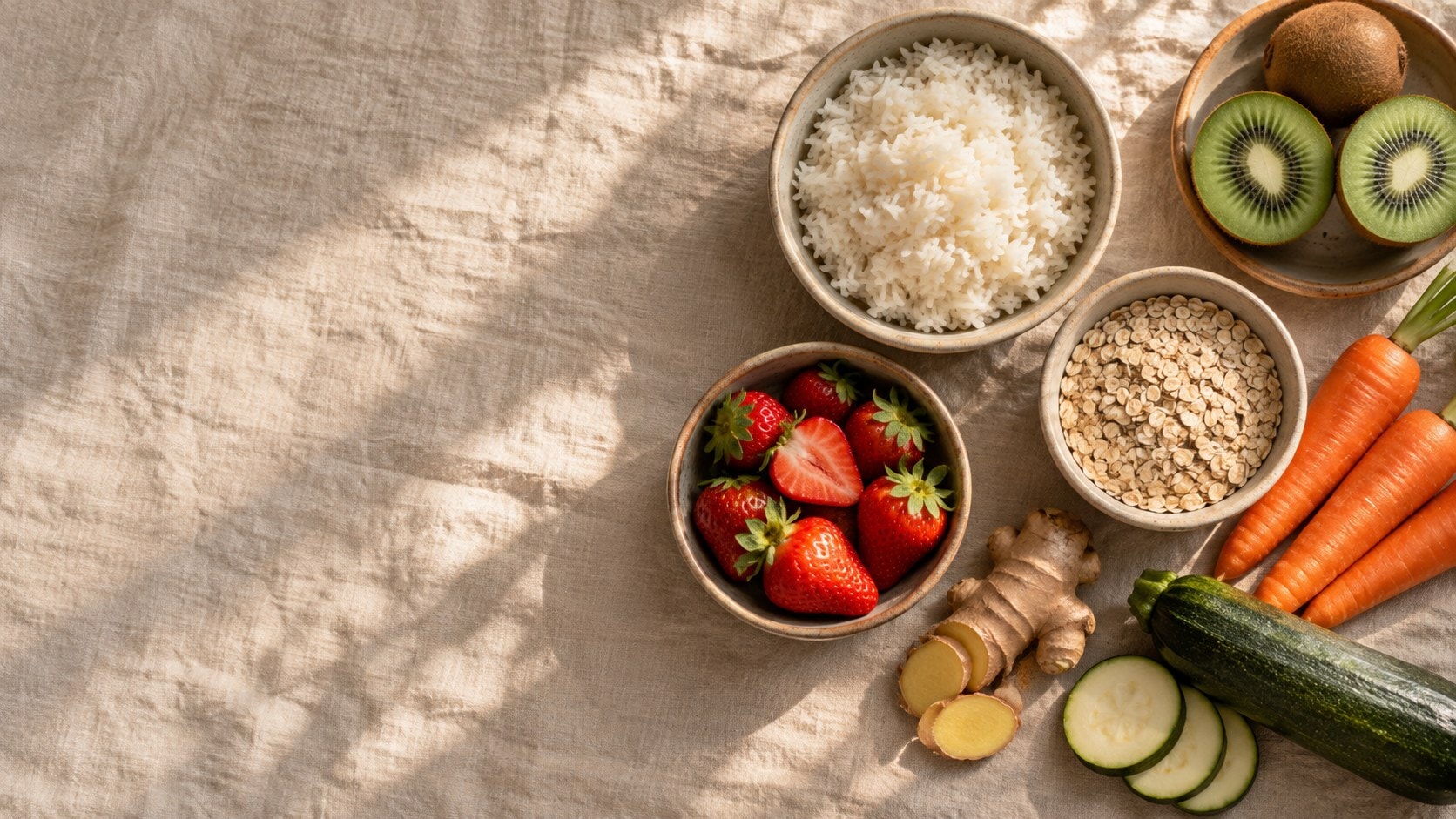Arroz, kiwi, morangos, aveia, cenoura e abobrinha sobre linho claro