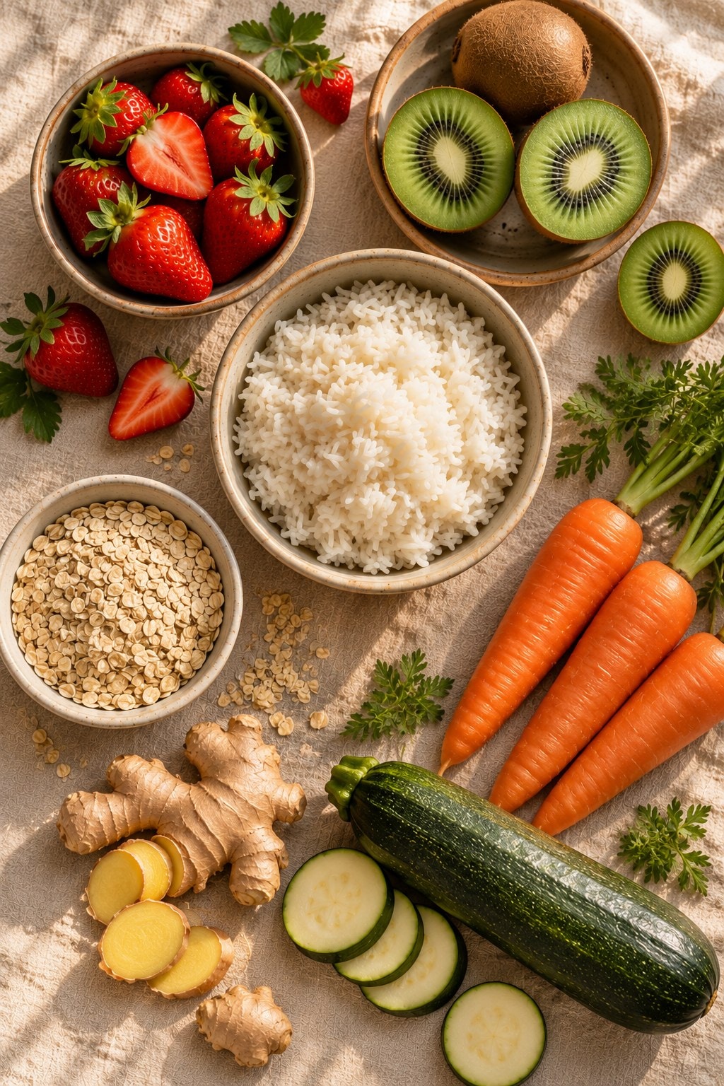 Arroz, kiwi, morangos, aveia, cenoura e abobrinha sobre linho claro